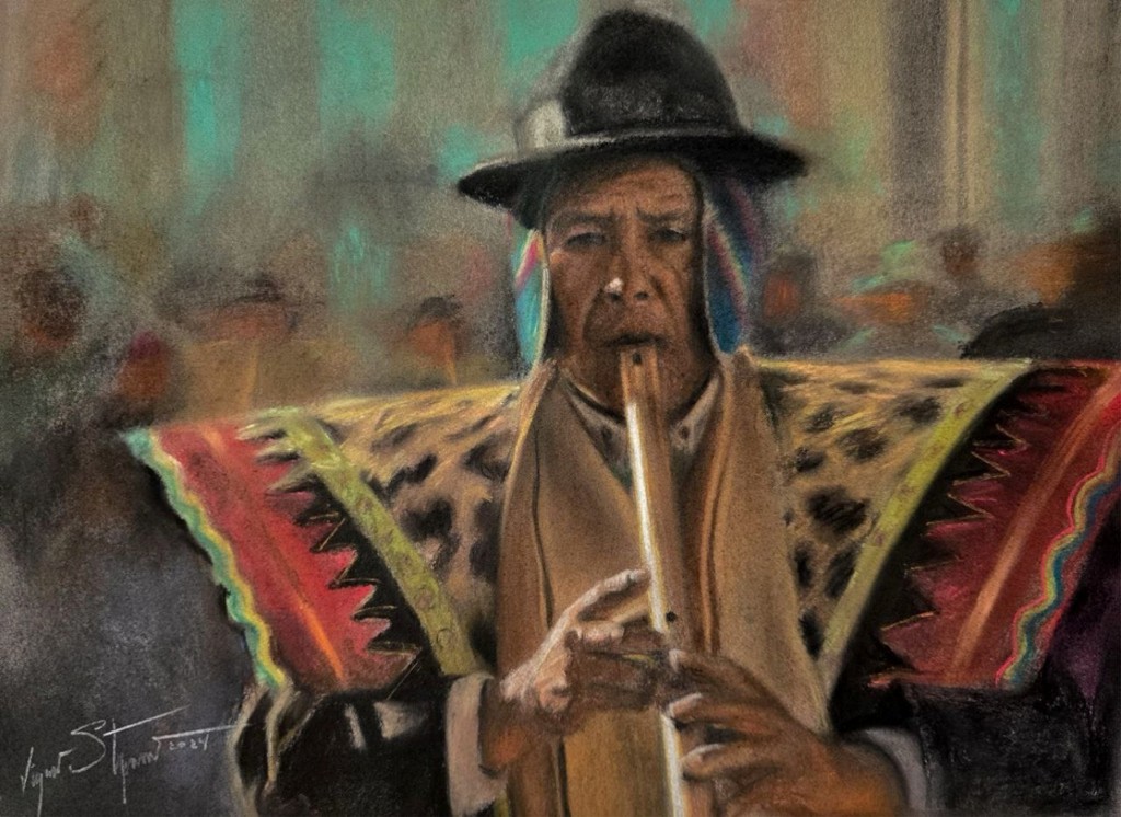 Músico con sombrero y poncho tocando una flauta