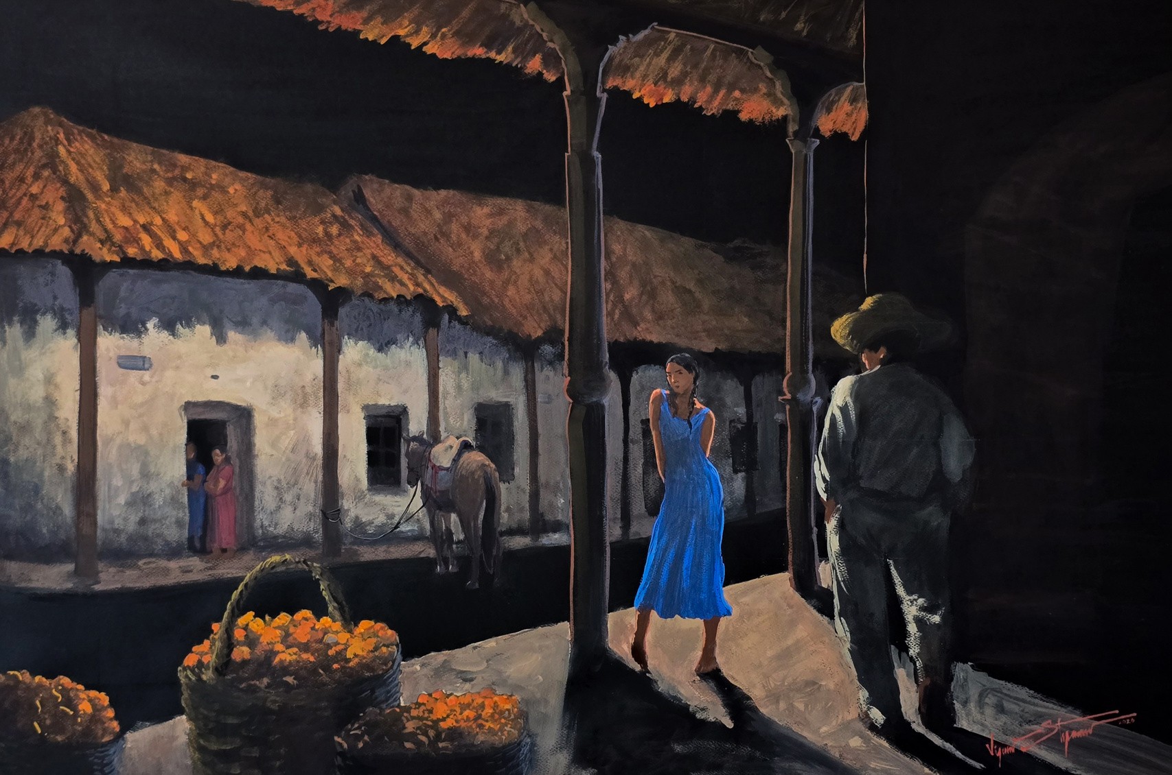 Figuras en una calle nocturna con una casa iluminada